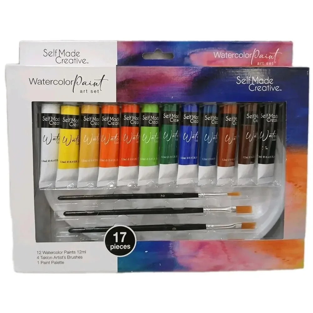 17 Pc WATERCOLOR Tubes Paint Set‎ w 4 Taklon Paint Brushes + Art Palette Value